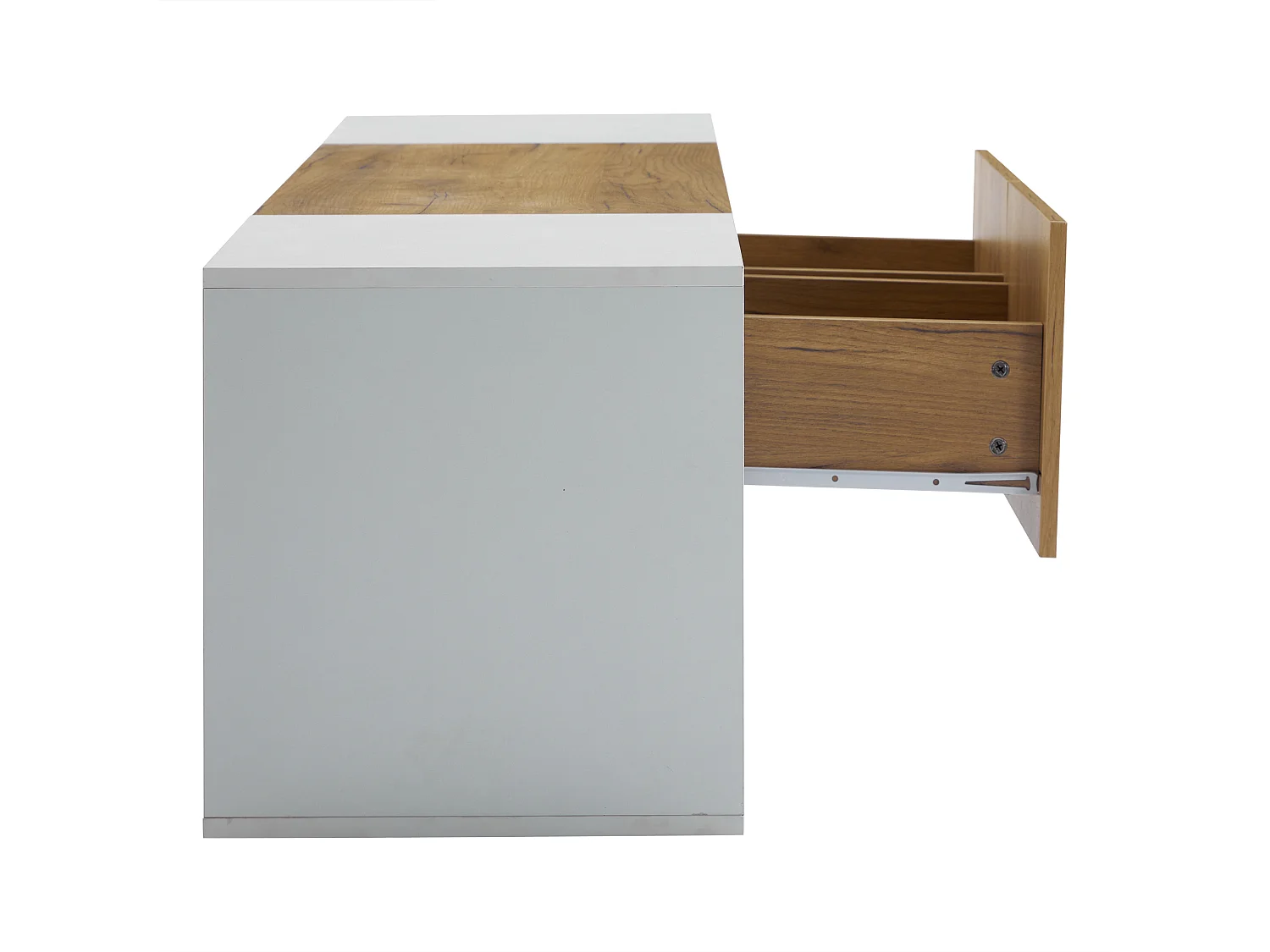 Meuble TV 160x40x42cm avec 2 tiroirs et 2 tablettes en verre, LED inclus, corps en placage woodgrain et blanc laqué