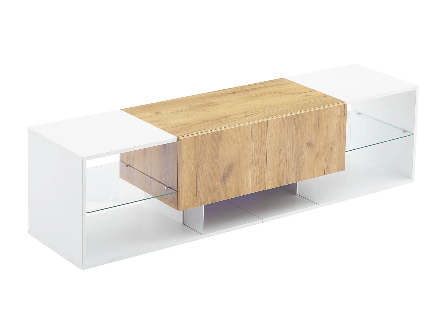 Meuble TV 160x40x42cm avec 2 tiroirs et 2 tablettes en verre, LED inclus, corps en placage woodgrain et blanc laqué