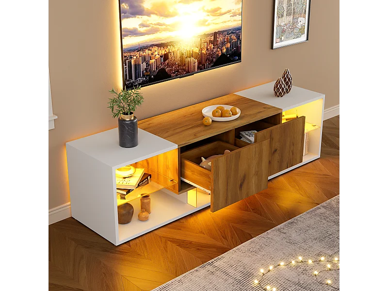 Móvel para TV de 160x40x42cm com 2 gavetas e 2 prateleiras em vidro, LED incluído, estrutura em madeira com detalhes em branco.