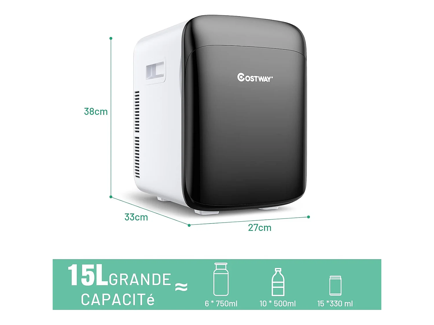 Mini Frigo 15L Mini Réfrigérateur 2 en 1 Fonction de Refroidissement et de Chauffage, Température -3 ℃ ~ 50 ℃, Mini frigo Portable 76 KWh/an (Noir)