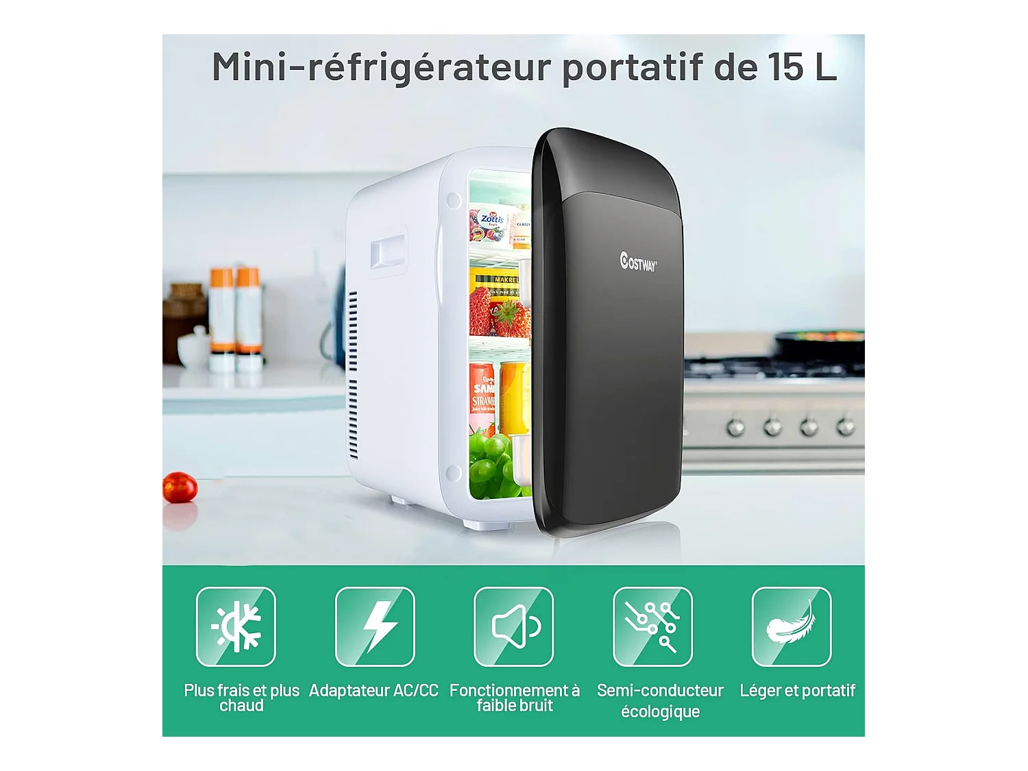 Mini Frigo 15L Mini Réfrigérateur 2 en 1 Fonction de Refroidissement et de Chauffage, Température -3 ℃ ~ 50 ℃, Mini frigo Portable 76 KWh/an (Noir)