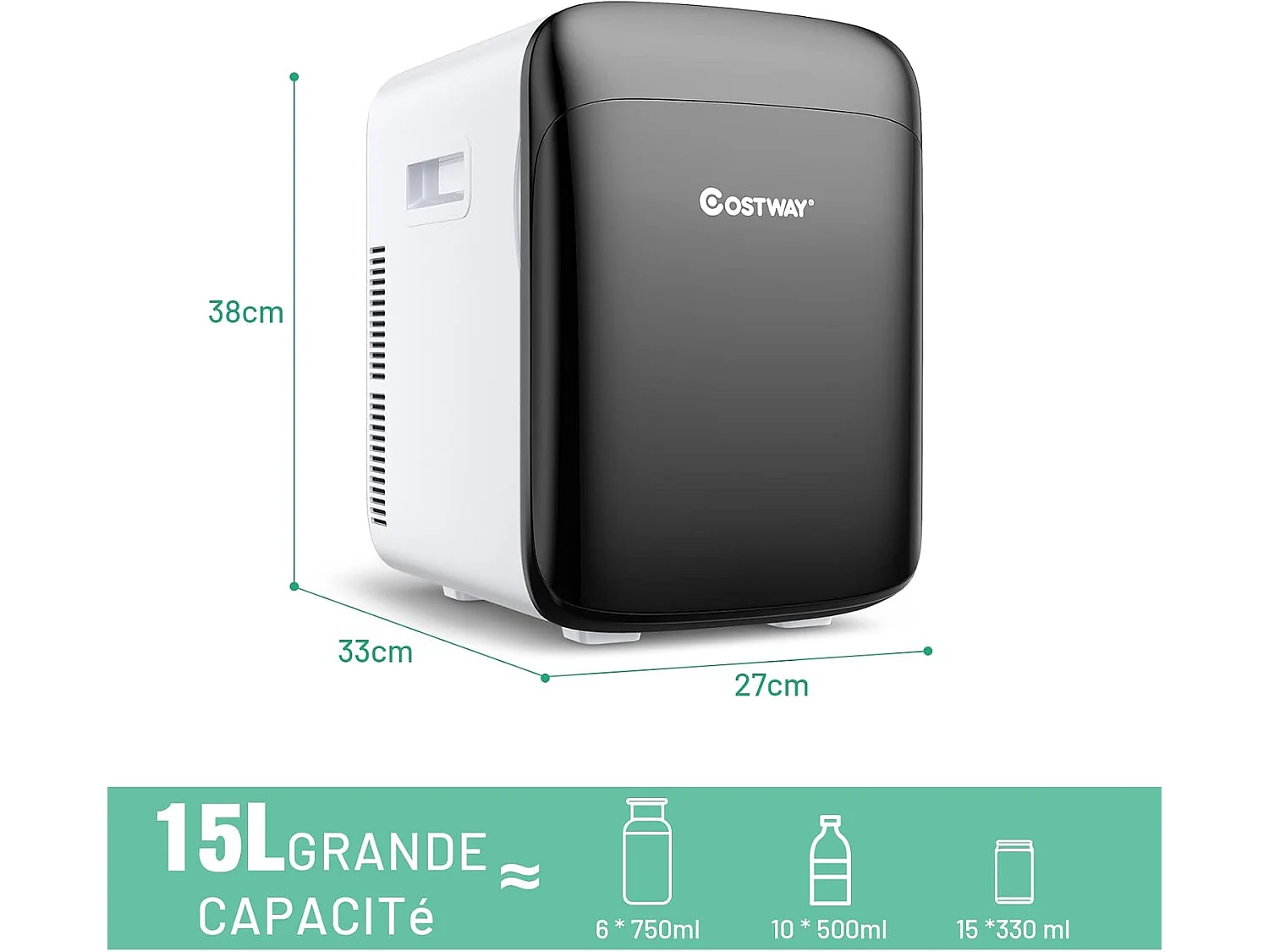 Mini Frigo 15L Mini Réfrigérateur 2 en 1 Fonction de Refroidissement et de Chauffage, Température -3 ℃ ~ 50 ℃, Mini frigo Portable 76 KWh/an (Noir)