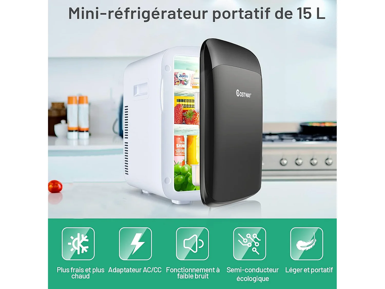 Mini Frigo 15L Mini Réfrigérateur 2 en 1 Fonction de Refroidissement et de Chauffage, Température -3 ℃ ~ 50 ℃, Mini frigo Portable 76 KWh/an (Noir)