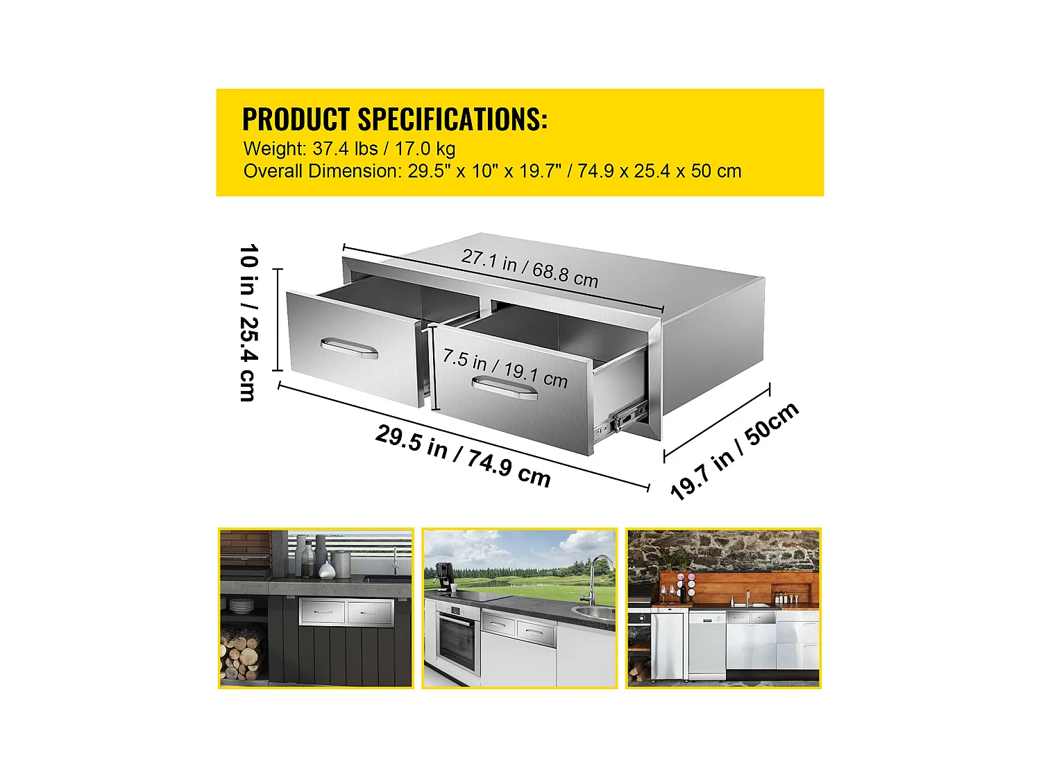 Tiroir à Double Accès SucceBuy, Double Espaces de Rangement en Acier Inoxydable, 76 x 51 x 25 cm, pour Cuisiner à l'Extérieur Faire, Barbecue Ranger