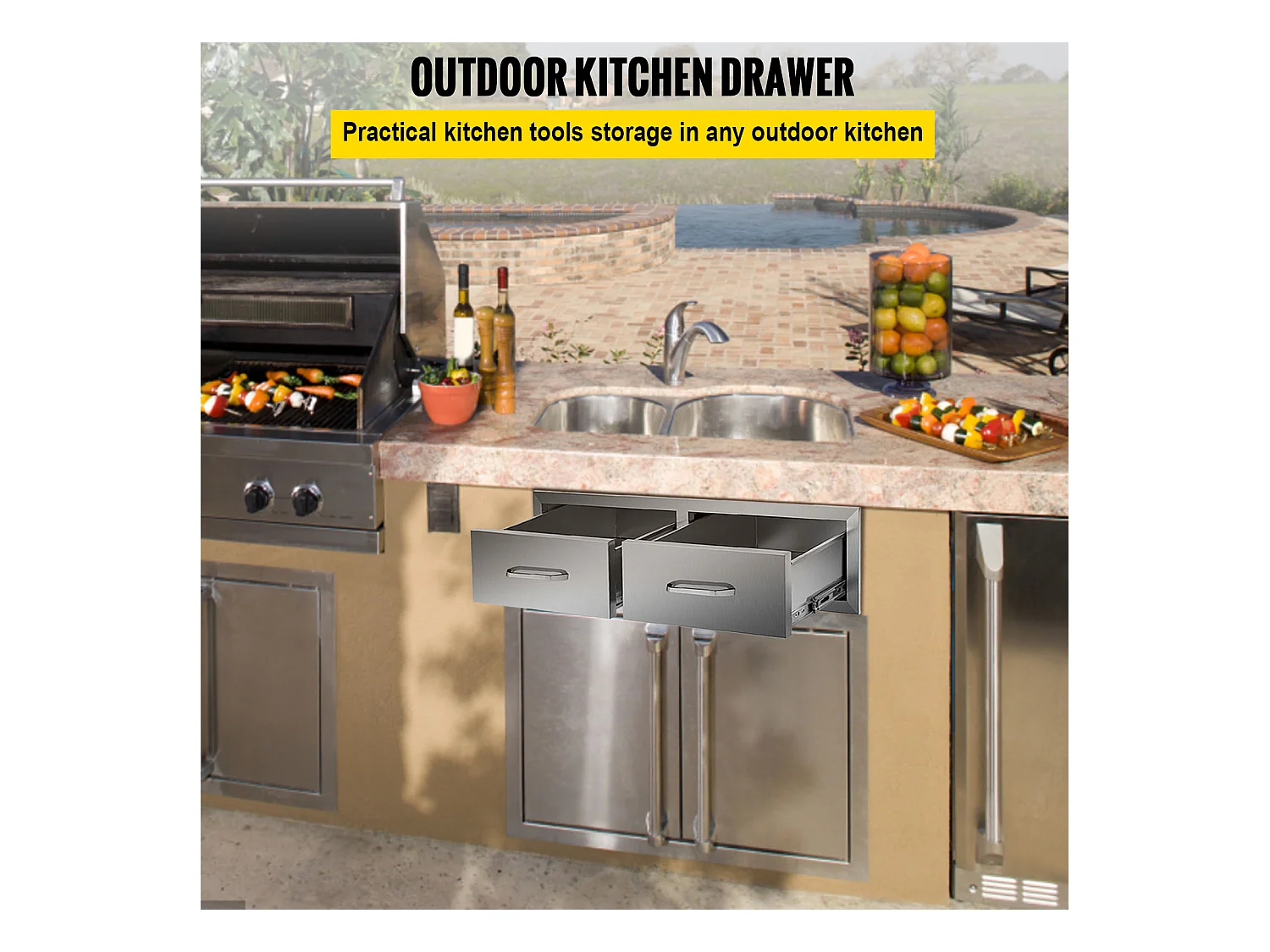 Tiroir à Double Accès SucceBuy, Double Espaces de Rangement en Acier Inoxydable, 76 x 51 x 25 cm, pour Cuisiner à l'Extérieur Faire, Barbecue Ranger