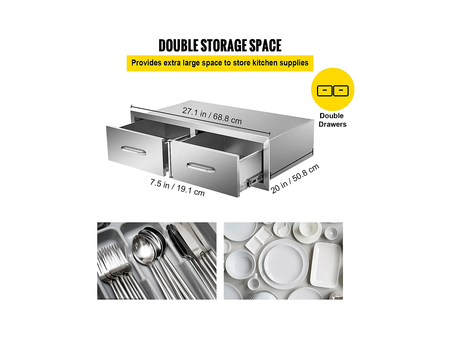 Tiroir à Double Accès SucceBuy, Double Espaces de Rangement en Acier Inoxydable, 76 x 51 x 25 cm, pour Cuisiner à l'Extérieur Faire, Barbecue Ranger