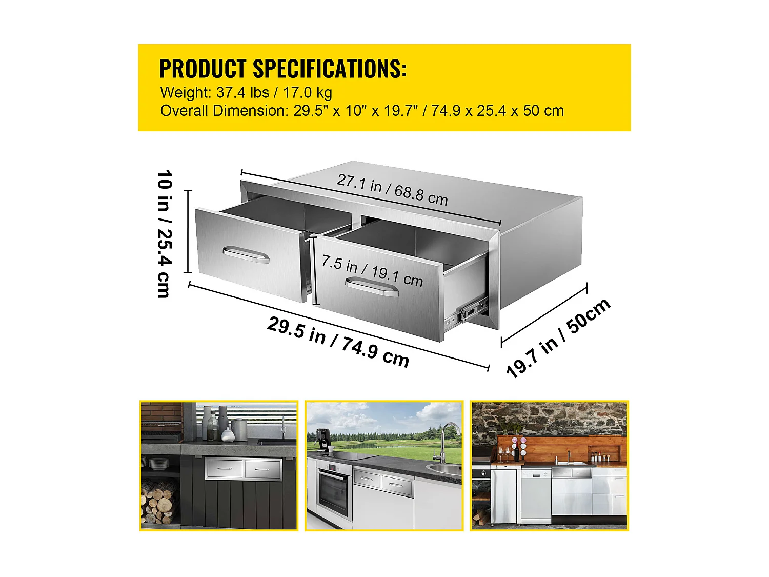 Tiroir à Double Accès SucceBuy, Double Espaces de Rangement en Acier Inoxydable, 76 x 51 x 25 cm, pour Cuisiner à l'Extérieur Faire, Barbecue Ranger
