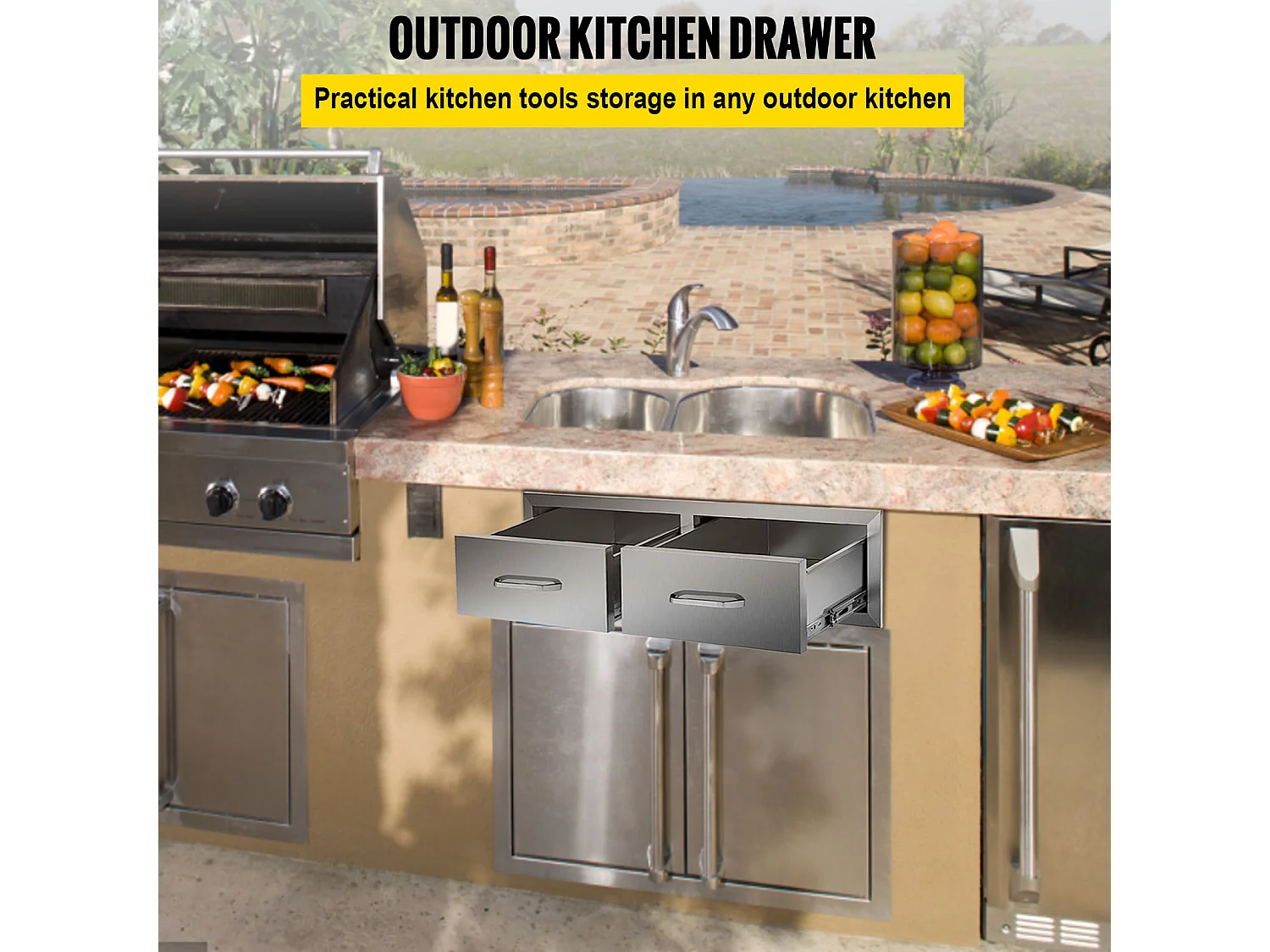 Tiroir à Double Accès SucceBuy, Double Espaces de Rangement en Acier Inoxydable, 76 x 51 x 25 cm, pour Cuisiner à l'Extérieur Faire, Barbecue Ranger