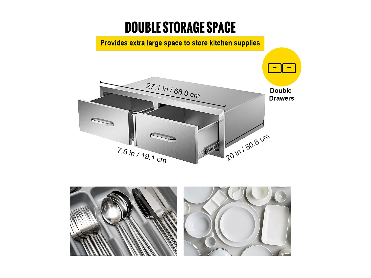Tiroir à Double Accès SucceBuy, Double Espaces de Rangement en Acier Inoxydable, 76 x 51 x 25 cm, pour Cuisiner à l'Extérieur Faire, Barbecue Ranger