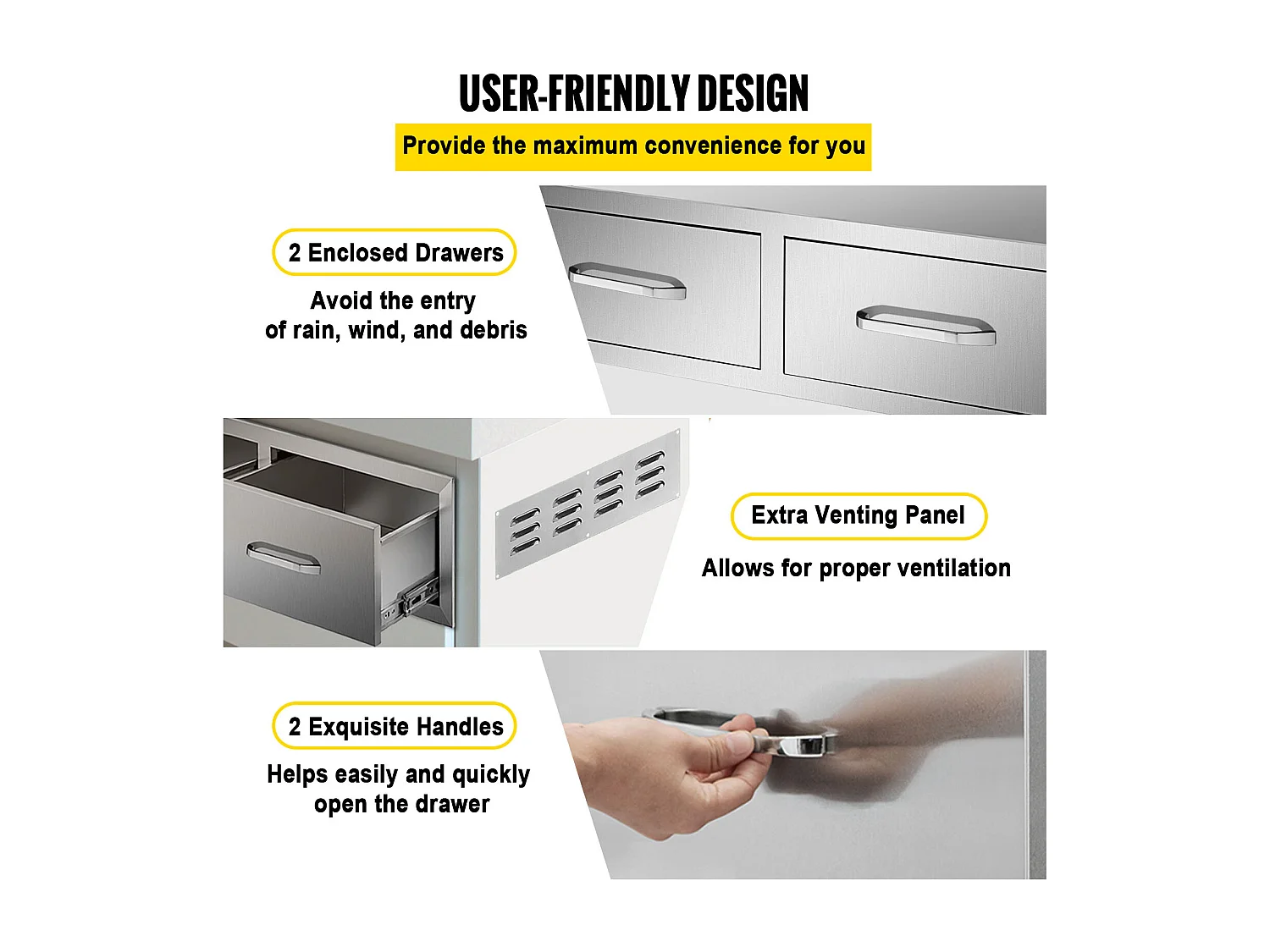 Tiroir à Double Accès SucceBuy, Double Espaces de Rangement en Acier Inoxydable, 76 x 51 x 25 cm, pour Cuisiner à l'Extérieur Faire, Barbecue Ranger