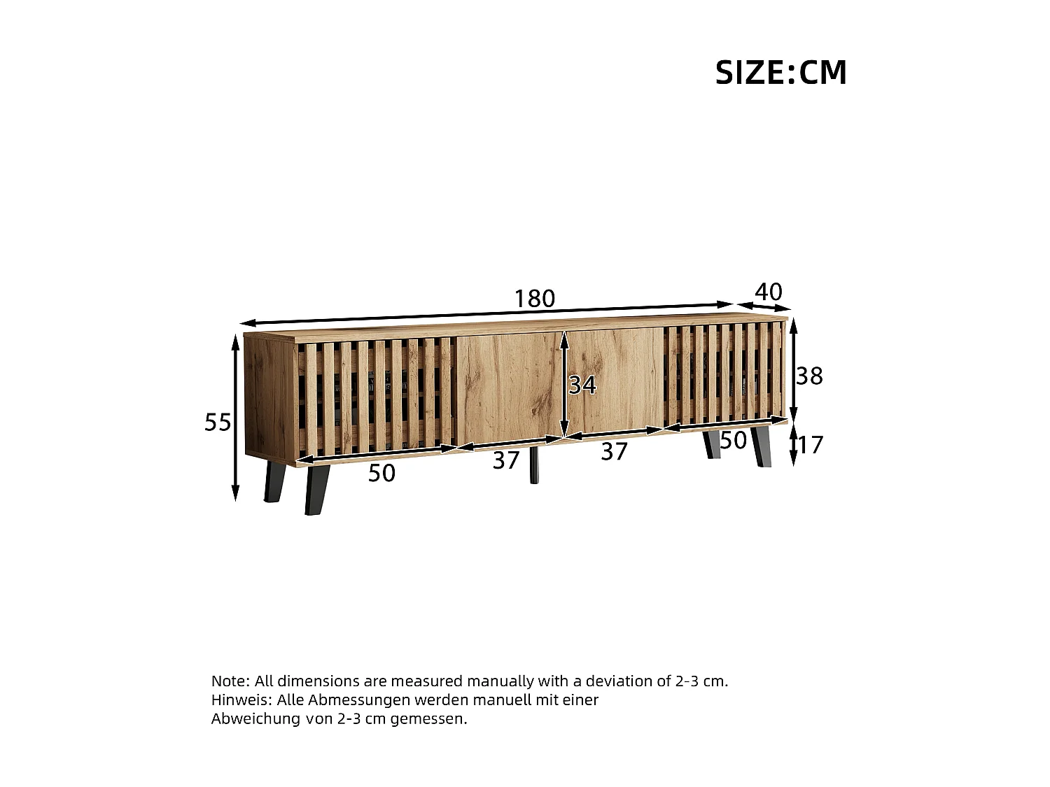 Meuble TV 180x40x55cm avec 4 portes dont 2 portes ajourées, corps en placage woodgrain naturel clair