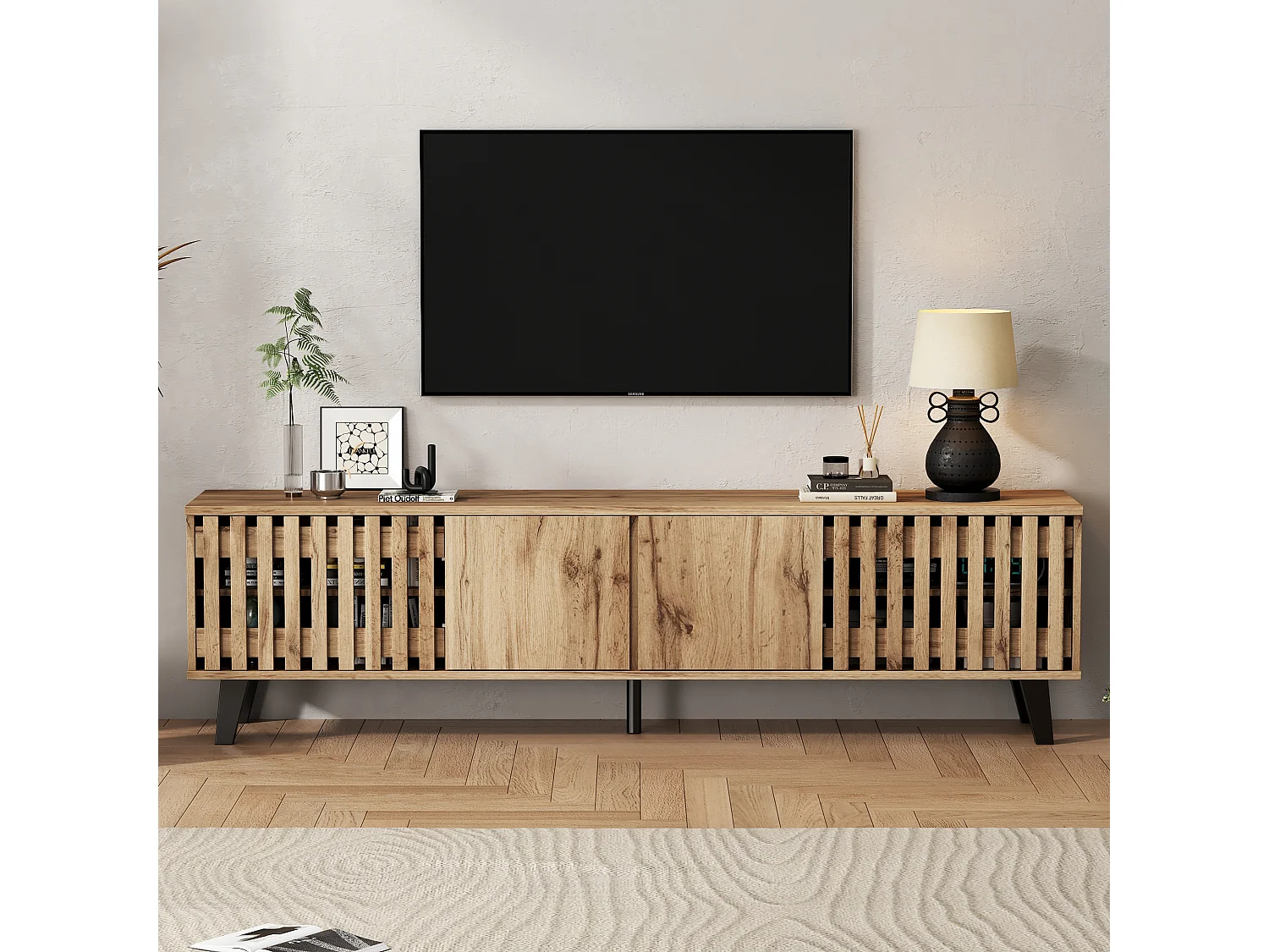 Meuble TV 180x40x55cm avec 4 portes dont 2 portes ajourées, corps en placage woodgrain naturel clair