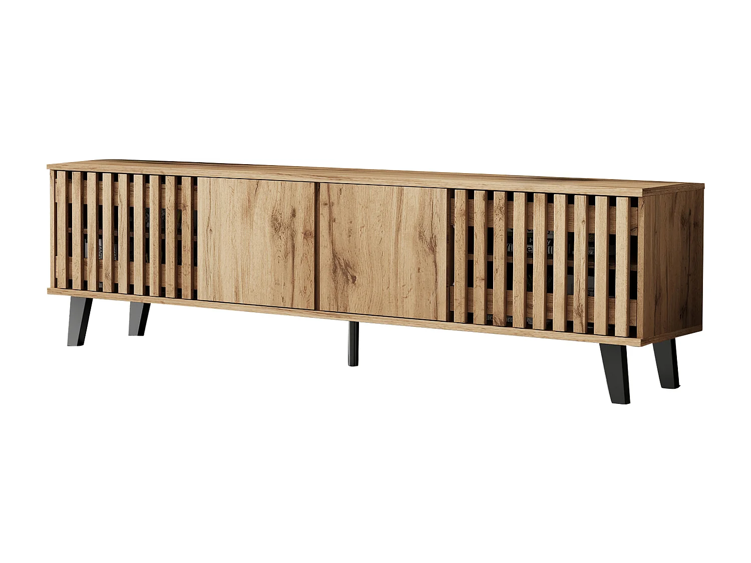 Meuble TV 180x40x55cm avec 4 portes dont 2 portes ajourées, corps en placage woodgrain naturel clair