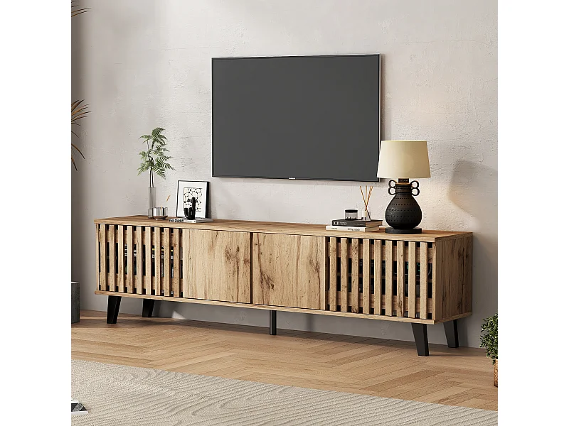 Meuble TV 180x40x55cm avec 4 portes dont 2 portes ajourées, corps en placage woodgrain naturel clair