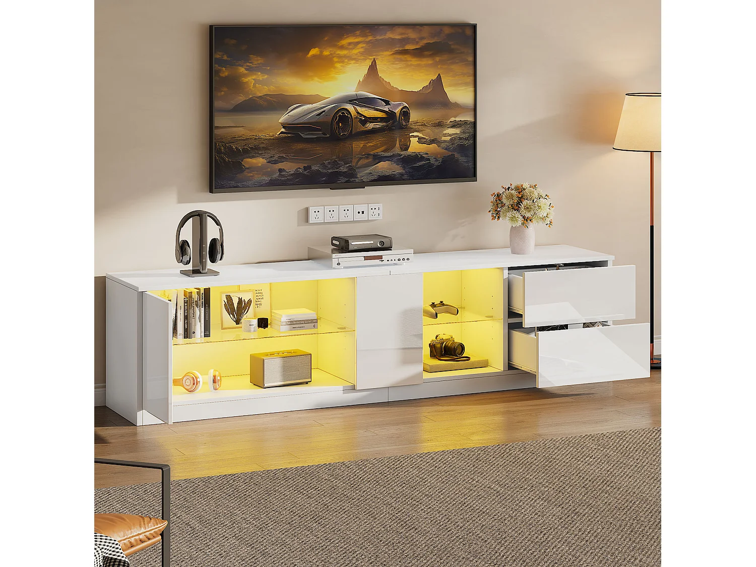 TV-meubel 160x40x52cm met 1 deur, 2 lades en glazen planken, LED inbegrepen, behuizing in wit gelakt