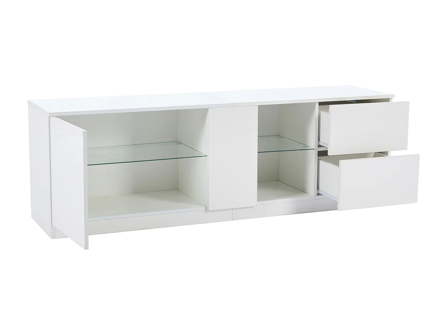 TV-meubel 160x40x52cm met 1 deur, 2 lades en glazen planken, LED inbegrepen, behuizing in wit gelakt