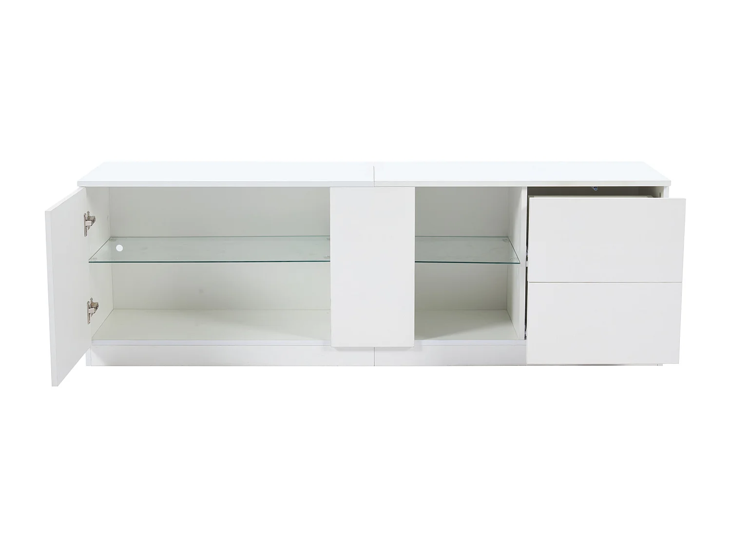 TV-meubel 160x40x52cm met 1 deur, 2 lades en glazen planken, LED inbegrepen, behuizing in wit gelakt