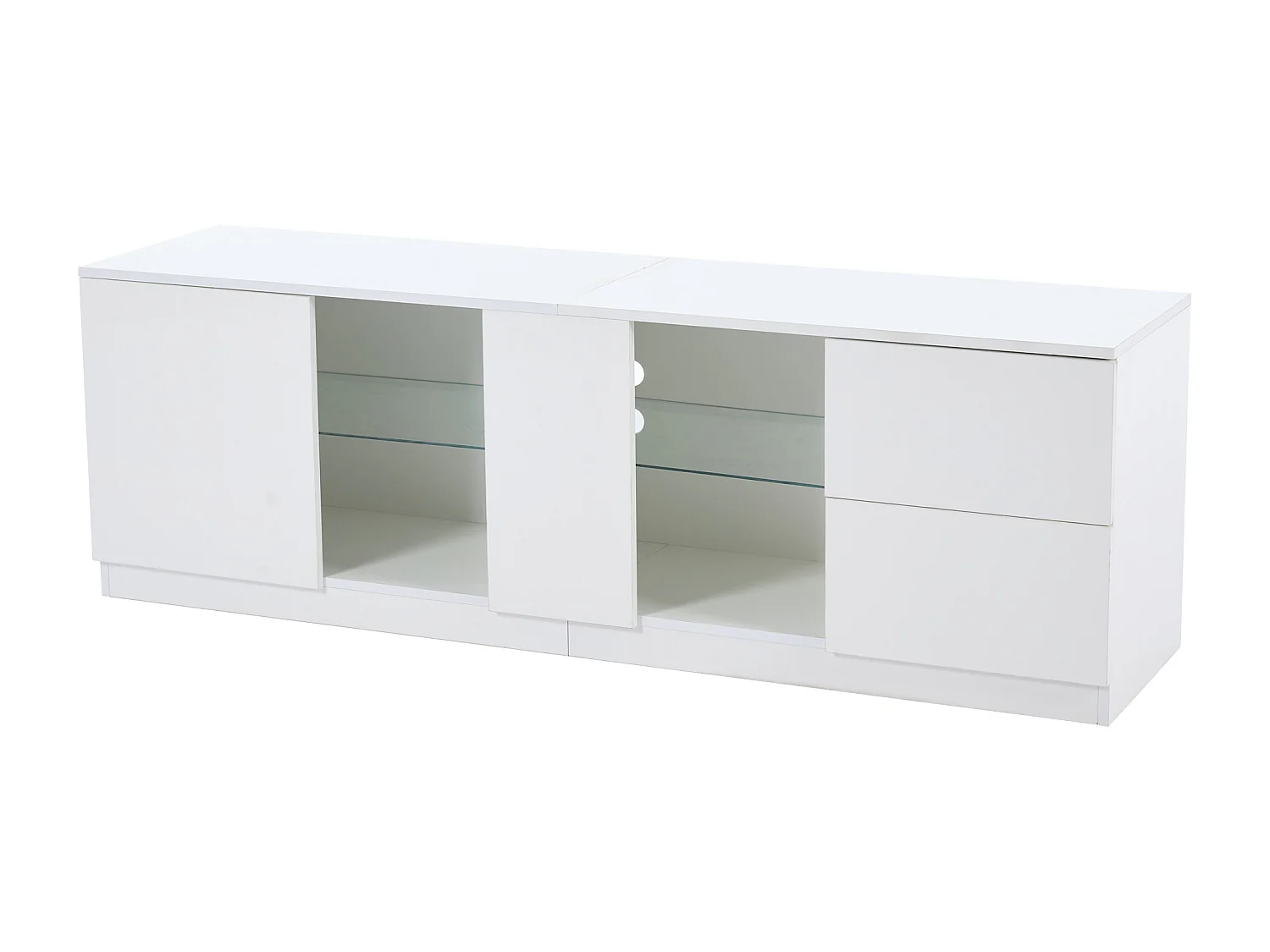 TV-meubel 160x40x52cm met 1 deur, 2 lades en glazen planken, LED inbegrepen, behuizing in wit gelakt