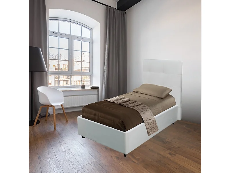 Letto singolo con contenitore Ascoli 102x210x110H ecopelle colore bianco