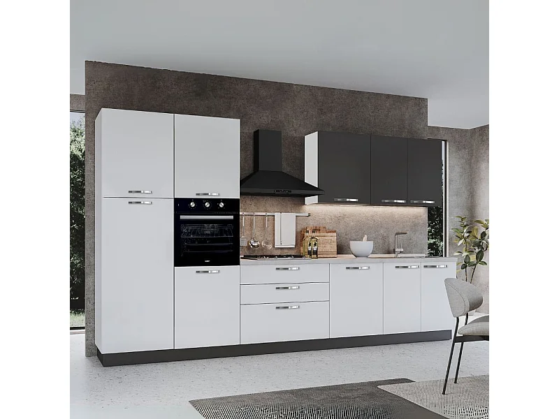 Cucina 360 cm con elettrodomestici Iris colore bianco lucido e pensili grafite