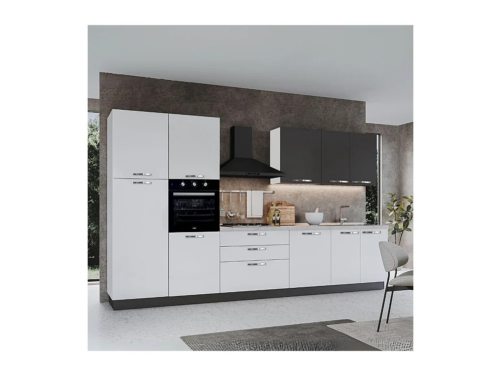 Cucina 360 cm con elettrodomestici Iris colore bianco lucido e pensili grafite