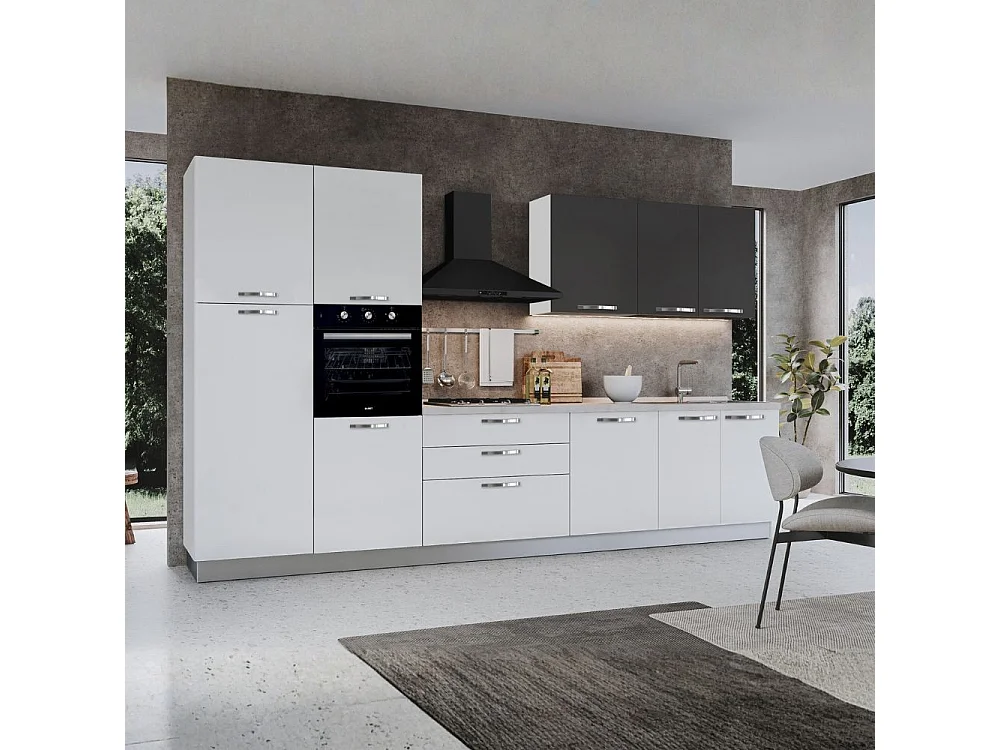 Cucina 360 cm con elettrodomestici Iris colore bianco lucido e pensili grafite