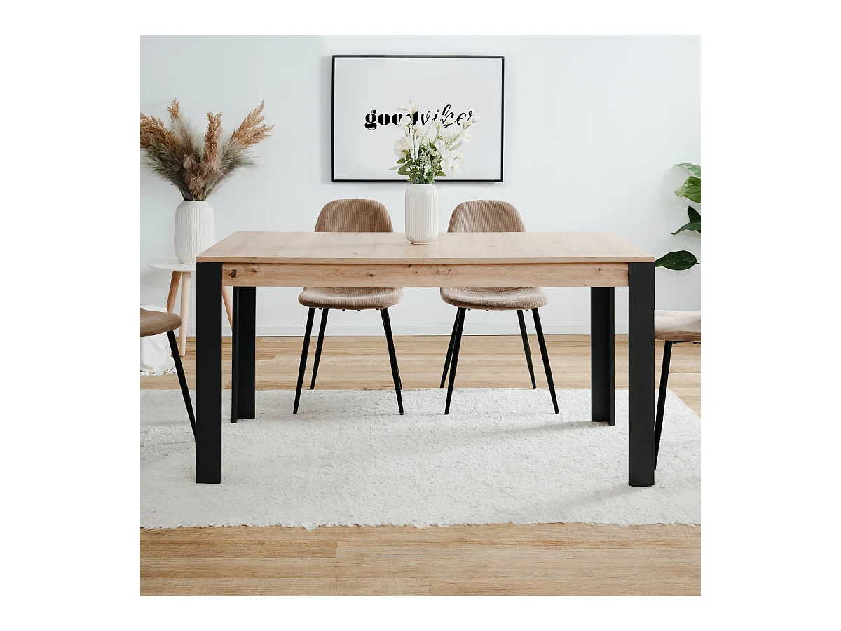 Table à manger extensible de 150 à 200 cm décor chêne artisan et noir - TOLOSA