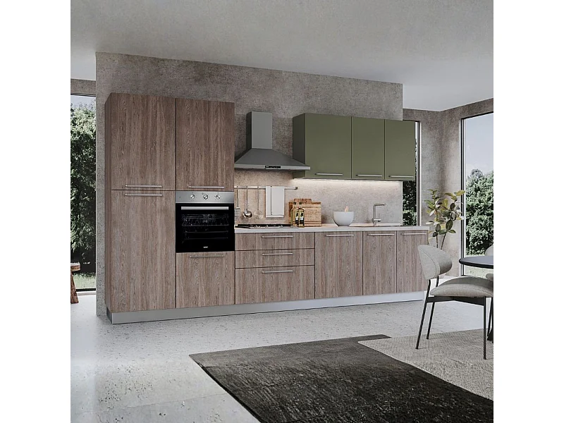 Cucina 360 cm con elettrodomestici Iris colore noce stelvio verde pesto