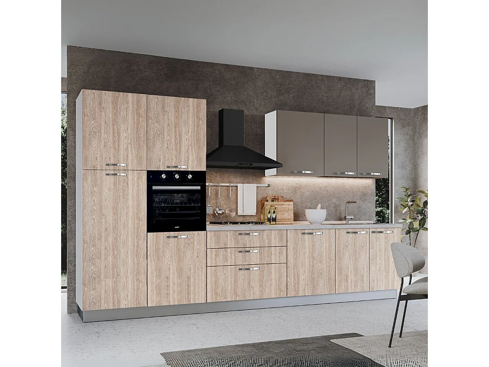 Cucina 360 cm con elettrodomestici Iris colore rovere gessato e pensili tortora