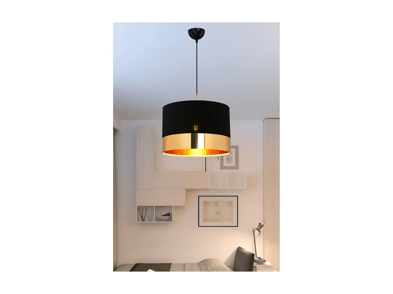 Lampada a sospensione tessuto nero fascia oro Alfina ASZ1665