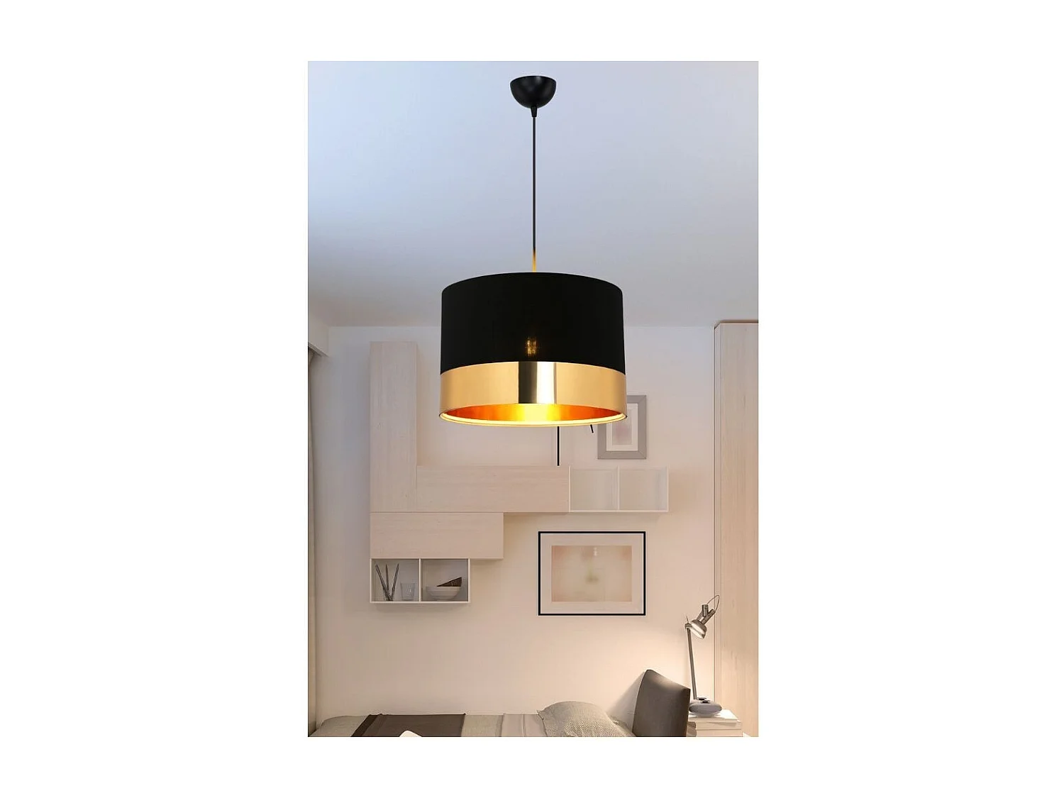 Lampada a sospensione tessuto nero fascia oro Alfina ASZ1665