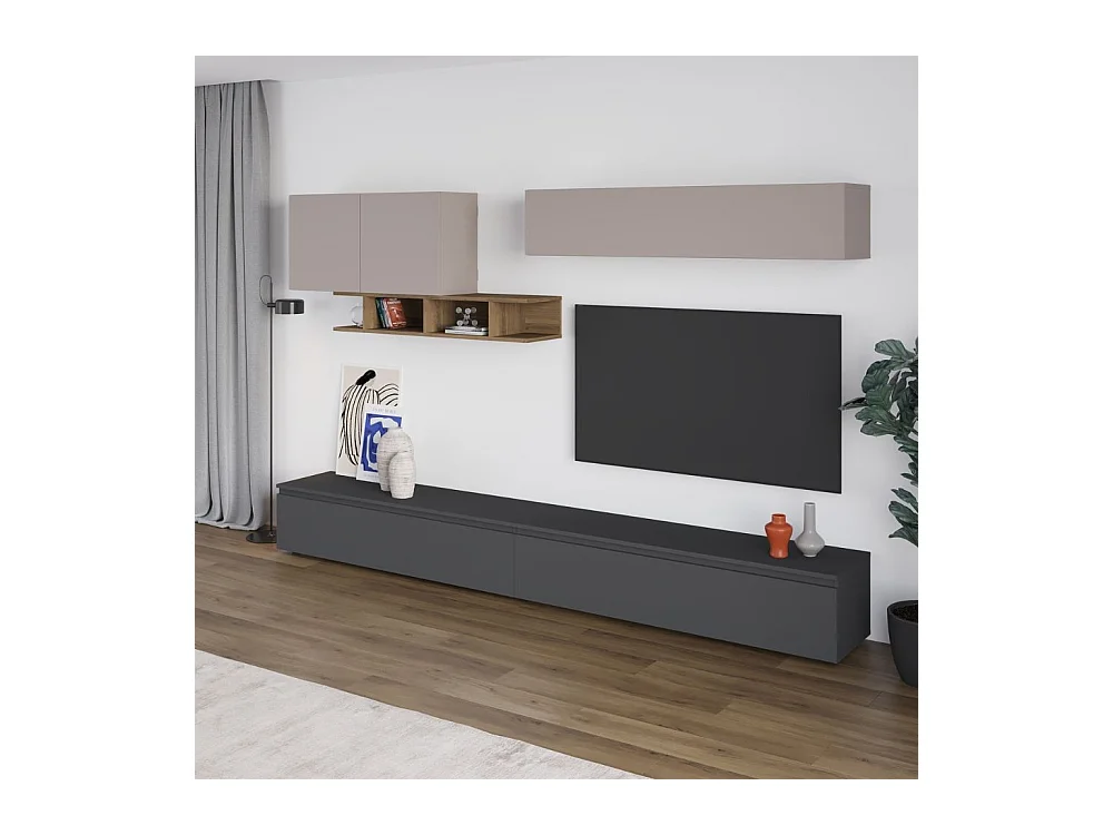 Parete attrezzata colore antracite e tortora con particolari noce Monica 300