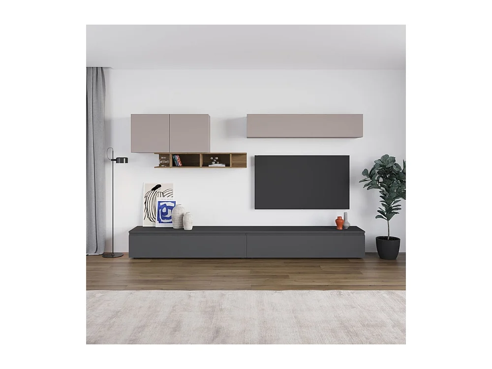 Parete attrezzata colore antracite e tortora con particolari noce Monica 300