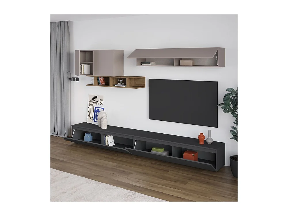 Parete attrezzata colore antracite e tortora con particolari noce Monica 300