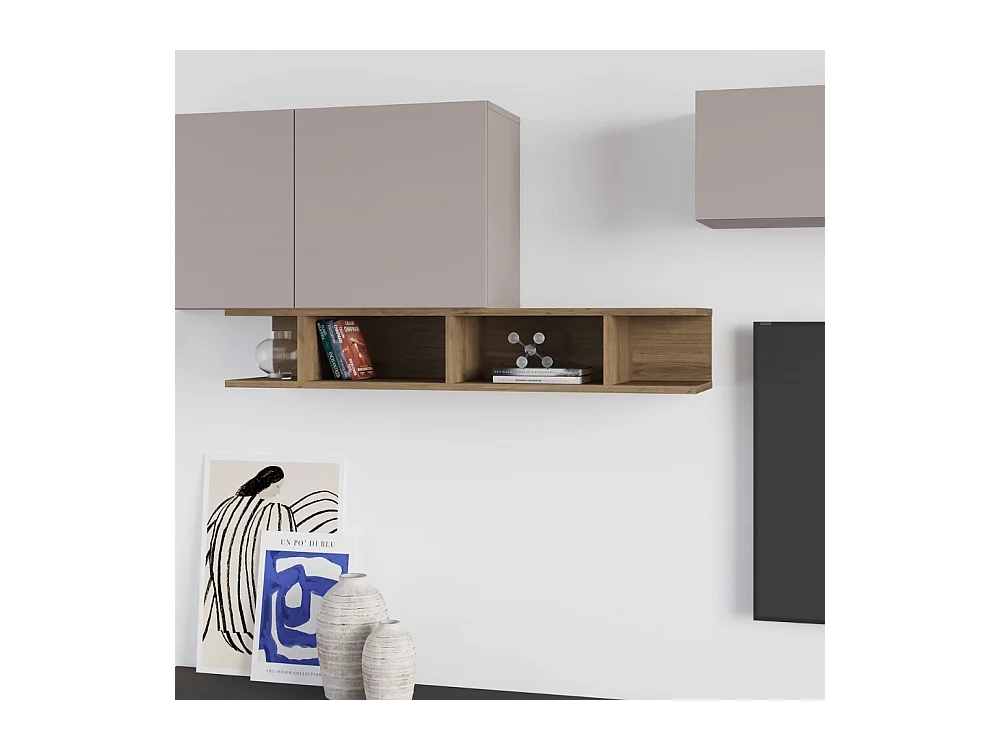 Parete attrezzata colore antracite e tortora con particolari noce Monica 300