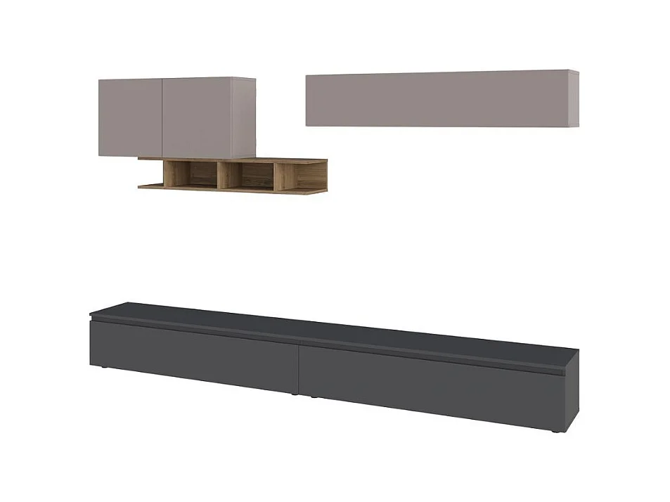 Parete attrezzata colore antracite e tortora con particolari noce Monica 300