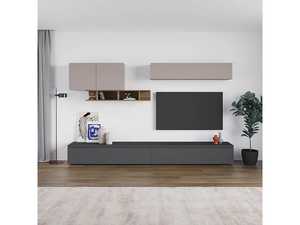 Parete attrezzata colore antracite e tortora con particolari noce Monica 300