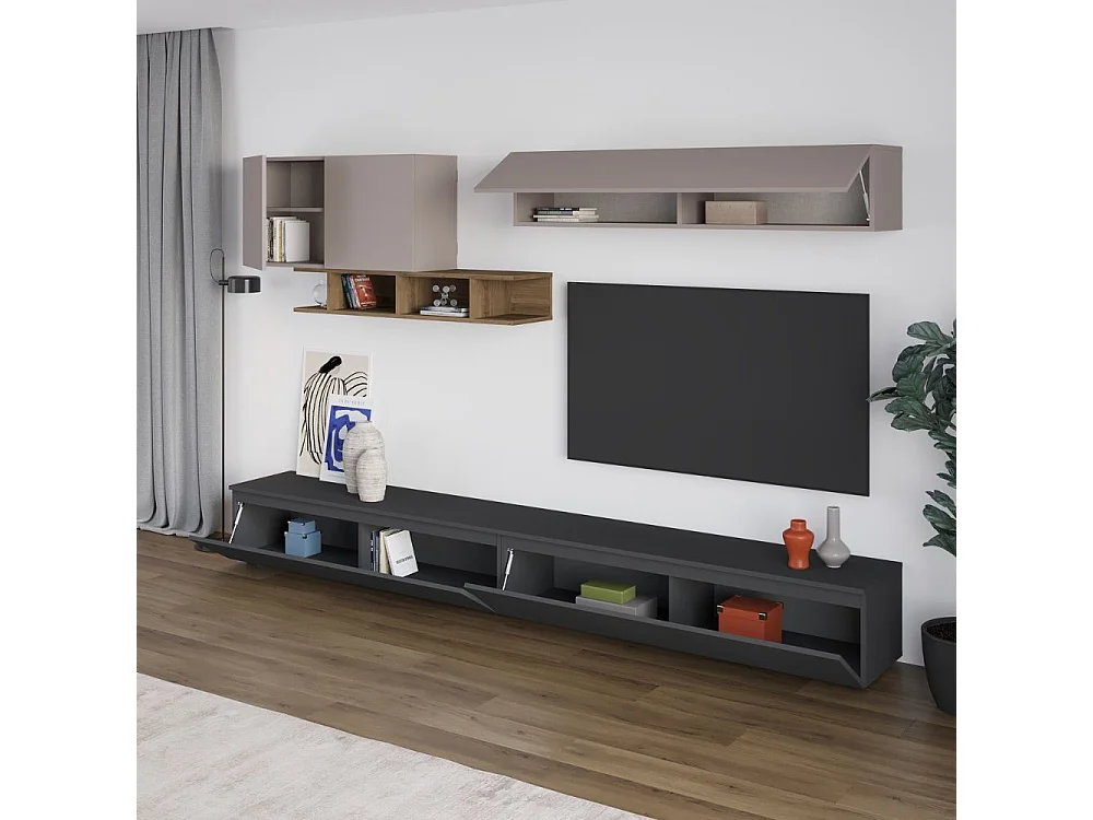 Parete attrezzata colore antracite e tortora con particolari noce Monica 300