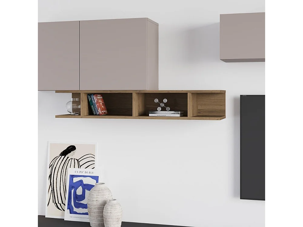 Parete attrezzata colore antracite e tortora con particolari noce Monica 300