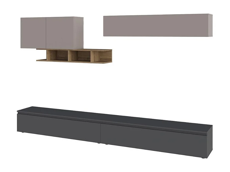 Parete attrezzata colore antracite e tortora con particolari noce Monica 300