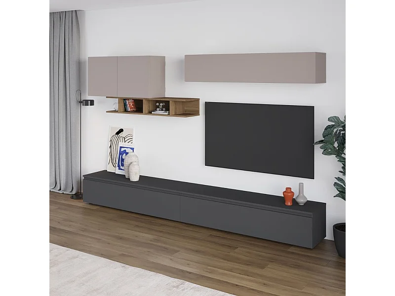 Parete attrezzata colore antracite e tortora con particolari noce Monica 300