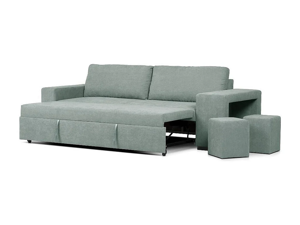 Divano Letto Karponga 3 Posti con 2 pouff tessuto Verde 248x148x90H – Versatilità e Stile