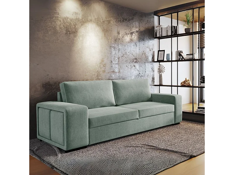 Divano Letto Karponga 3 Posti con 2 pouff tessuto Verde 248x148x90H – Versatilità e Stile