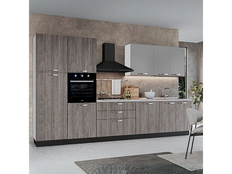 Cucina 360 cm con elettrodomestici Iris colore forest grigio e pensili grigio chiaro