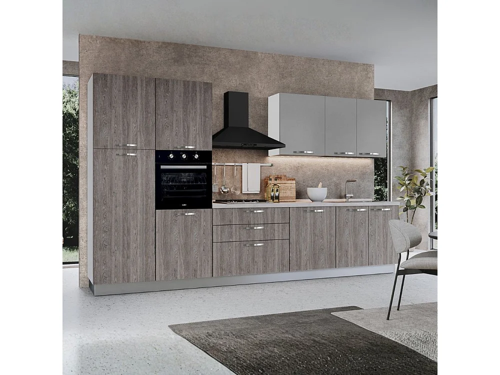 Cucina 360 cm con elettrodomestici Iris colore forest grigio e pensili grigio chiaro