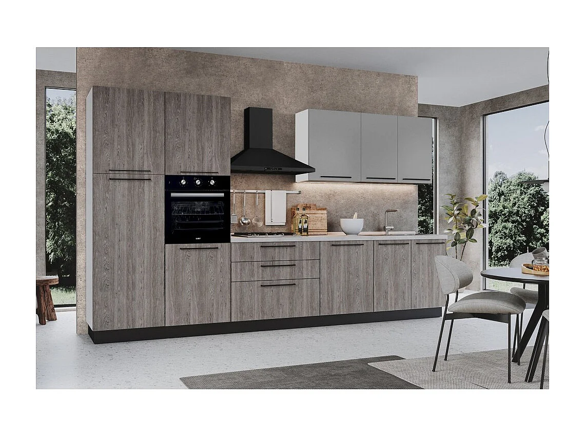 Cucina 360 cm con elettrodomestici Iris colore forest grigio e pensili grigio chiaro