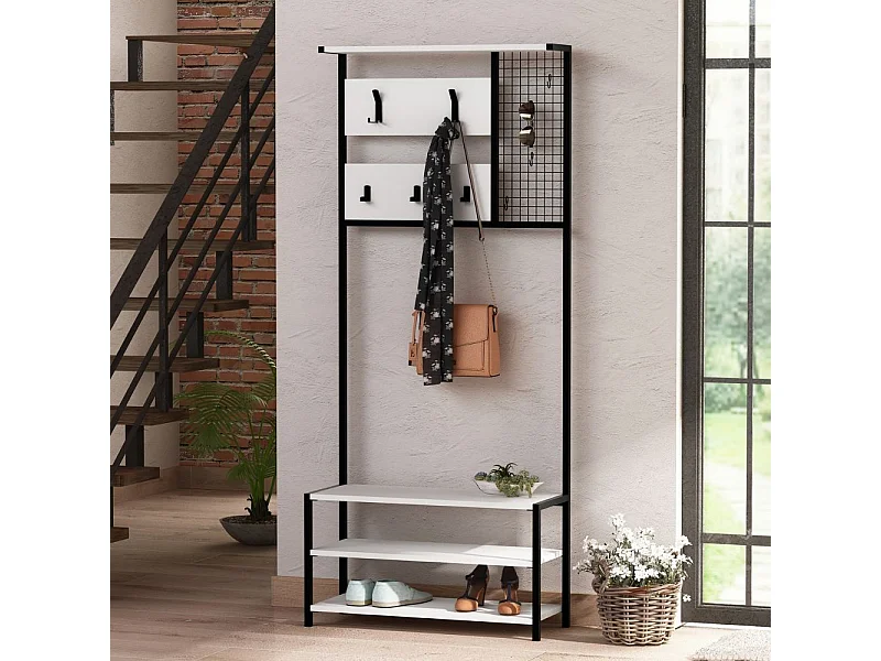 Scaffale ingresso appendiabiti in metallo nero con particolari bianco Nomad