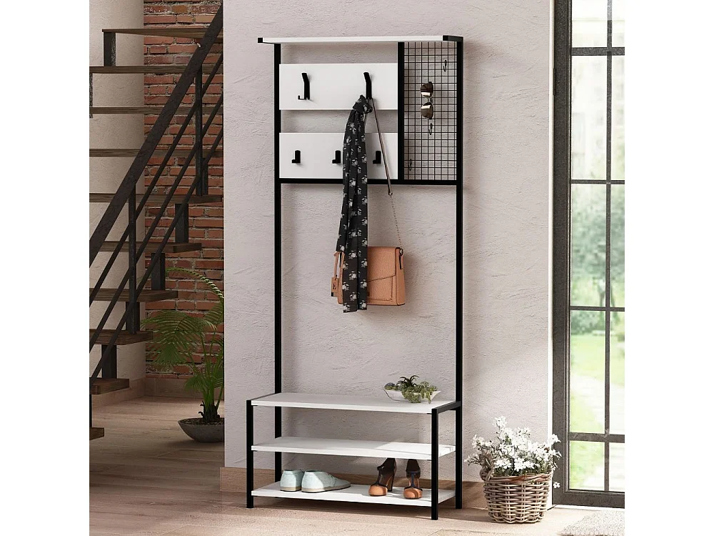 Scaffale ingresso appendiabiti in metallo nero con particolari bianco Nomad