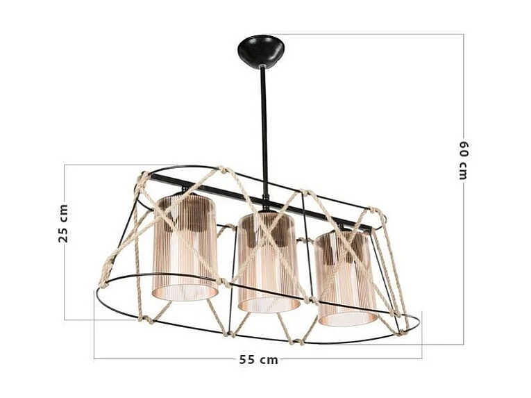 Lampada a sospensione 3 luci metallo nero e corda Gezegen ASZ0986