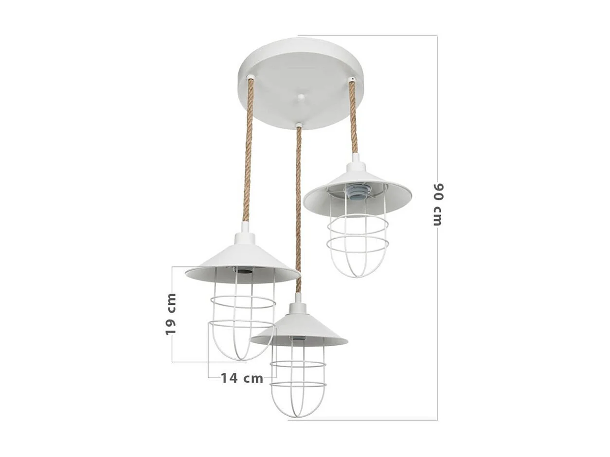 Lampada a sospensione 3 luci metallo bianco e corda Bulut ASZ0632